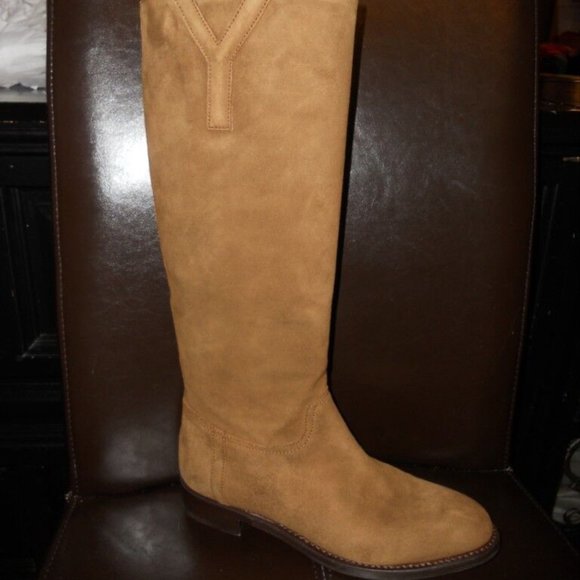 YSL Yves Saint Laurent CHYC Suede Knee High Flat Boots Tobacco Brown - Picture 2 of 10
